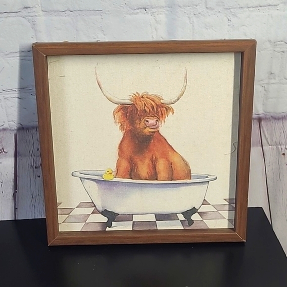 Highland Cow Texas Country Cattle Bathtub Rubber Duck Wood Framed Canvas Print - Picture 8 of 16